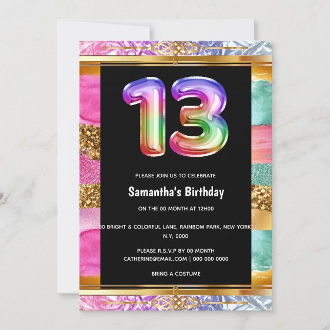Invitation 13e anniversaire arc-en-ciel parties scintillant c (Devant)