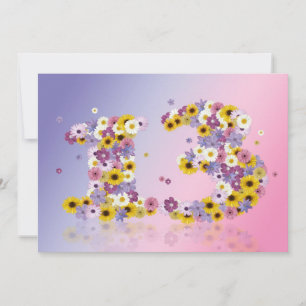 Invitation 13e anniversaire, avec des lettres fleuries