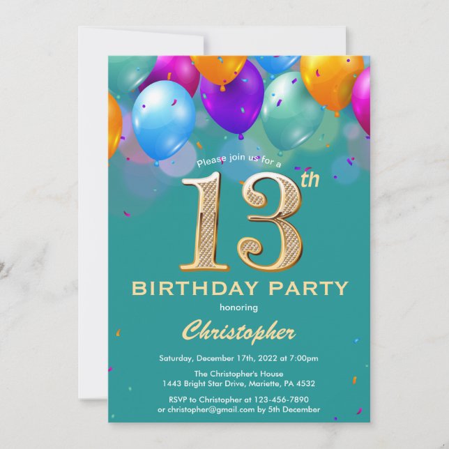 Invitation 13e anniversaire Ballons Turquoises et dorés (Devant)