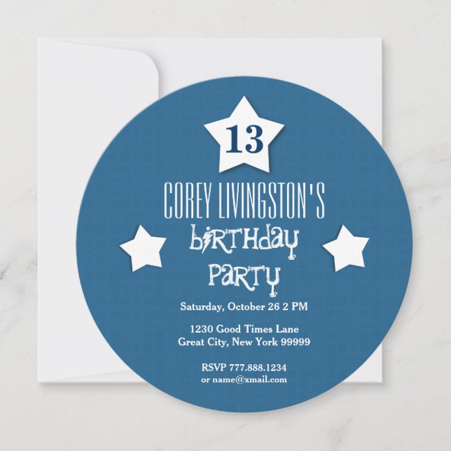 Invitation 13e Anniversaire Bleu Cercle Bleu Étoiles Blanches (Devant)