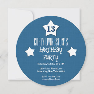 Invitation 13e Anniversaire Bleu Cercle Bleu Étoiles Blanches