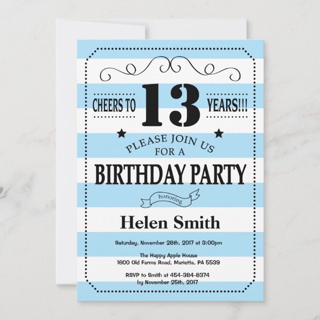 Invitation 13e anniversaire Bleu et blanc rayures (Devant)