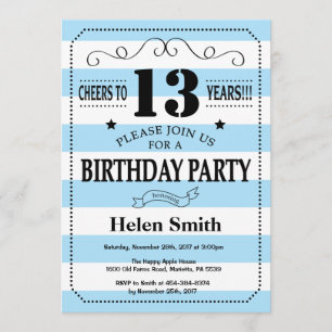 Invitation 13e anniversaire Bleu et blanc rayures