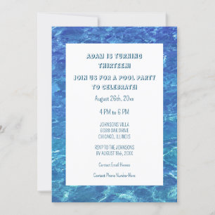 Invitation 13e anniversaire Blue Pool Party Water Custom Age