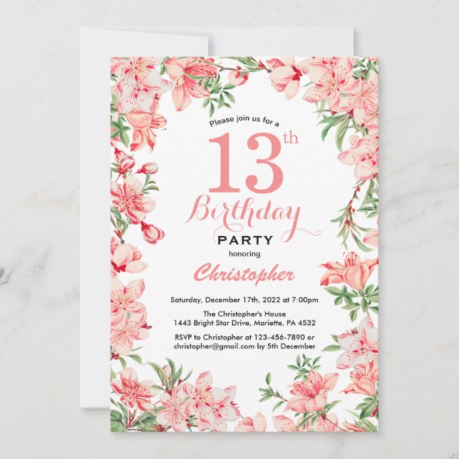 Invitation 13e anniversaire Boho rose fleurs botaniques (Devant)