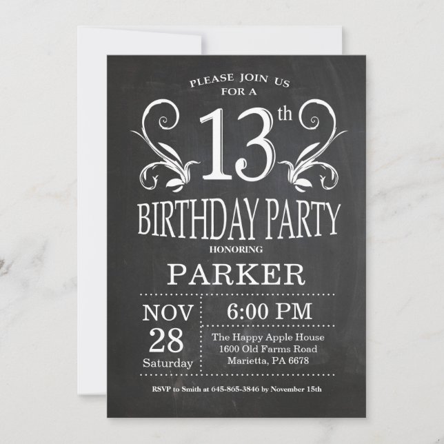 Invitation 13e anniversaire Chalkboard Floral (Devant)