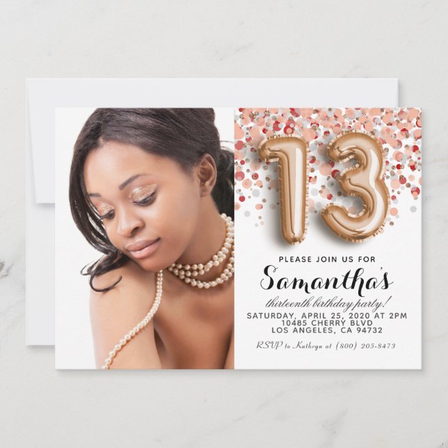 Invitation 13e anniversaire Confetti Rose Portrait Or (Devant)