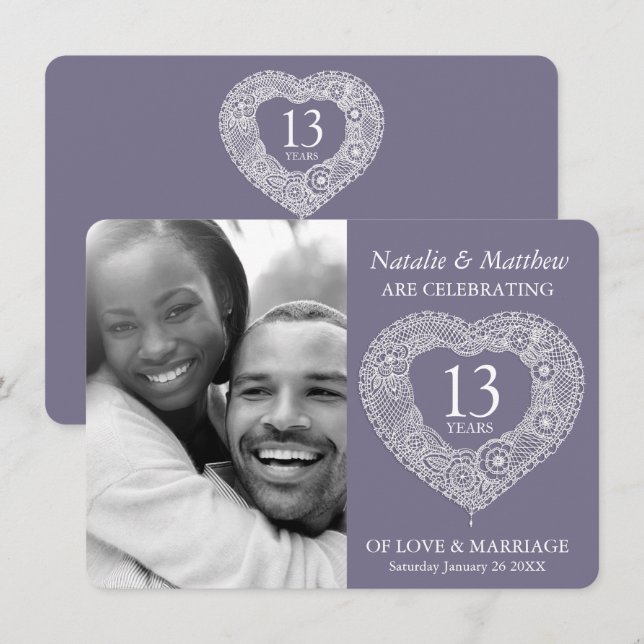 Invitation 13e anniversaire de mariage dentelle gris blanc (Devant / Derrière)