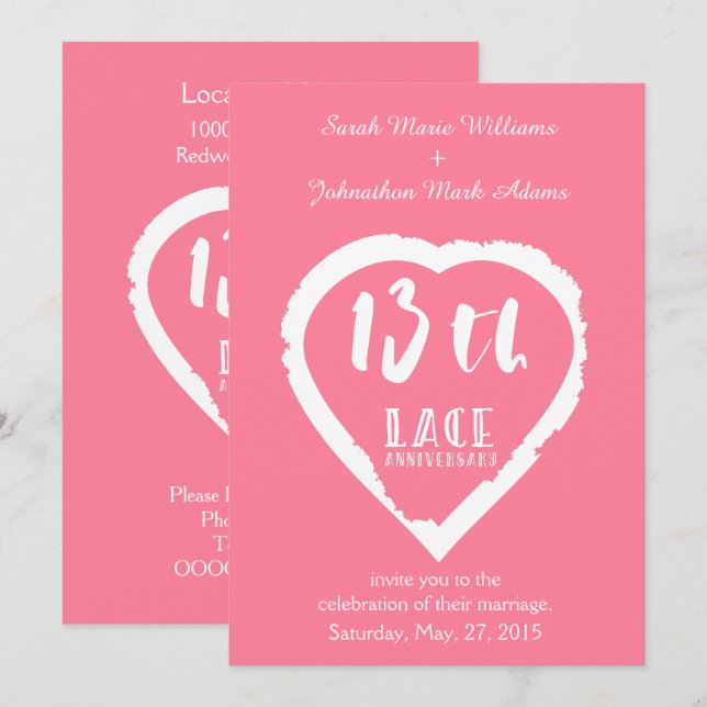 Invitation 13e anniversaire de mariage dentelle traditionnell (Devant / Derrière)