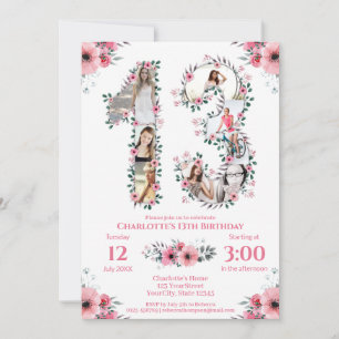 Invitation 13e anniversaire fille photo collage rose Fleur bl