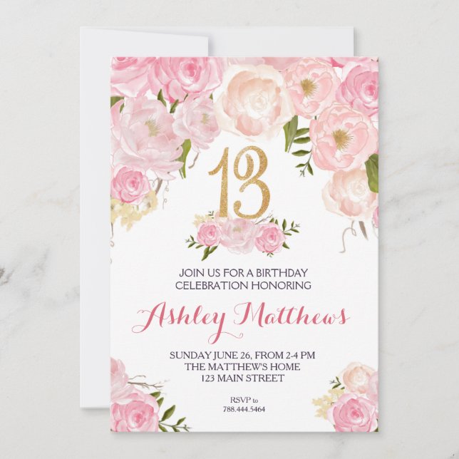 Invitation 13e anniversaire Floral Invitation, (Devant)