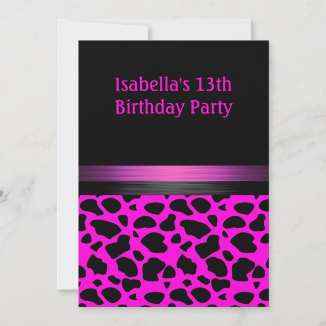 Invitation 13e anniversaire Fuschia Motif animal rose noir (Devant)