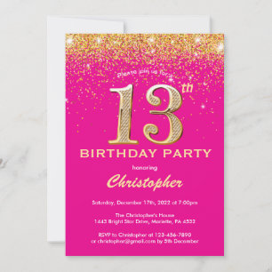 Invitation 13e anniversaire Hot rose et Parties scintillant o