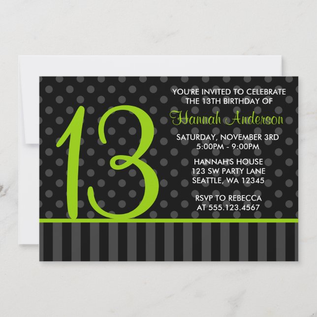 Invitation 13e Anniversaire Lime Vert Polka Noir rayures (Devant)
