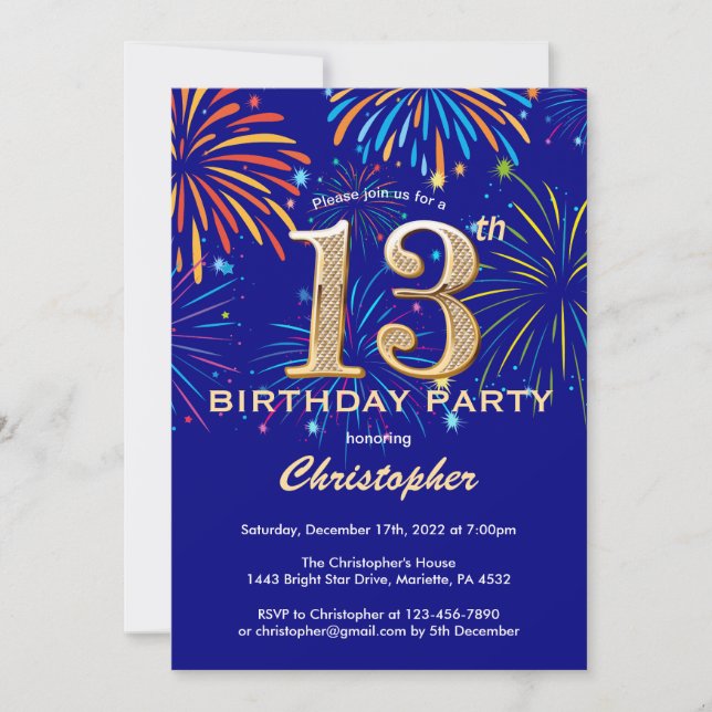 Invitation 13e anniversaire Marine Blue and Gold Rainbow Fire (Devant)