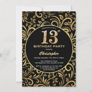 Invitation 13e anniversaire Modèle floral noir et or