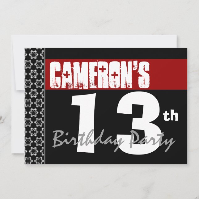 Invitation 13e anniversaire moderne pour lui Rouge Blanc Noir (Devant)