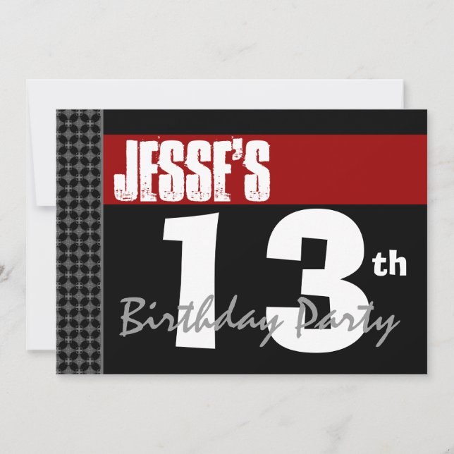 Invitation 13e anniversaire moderne pour lui Rouge Blanc Noir (Devant)