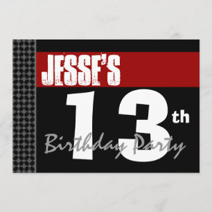 Invitation 13e anniversaire moderne pour lui Rouge Blanc Noir