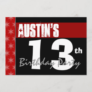 Invitation 13e anniversaire moderne pour lui Rouge Blanc Noir