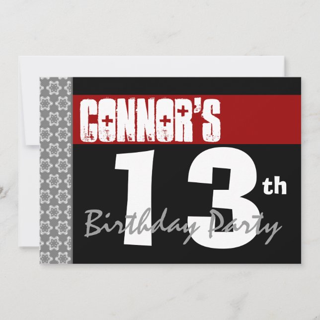 Invitation 13e anniversaire moderne pour lui rouge blanc noir (Devant)