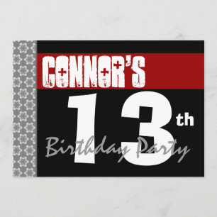 Invitation 13e anniversaire moderne pour lui rouge blanc noir