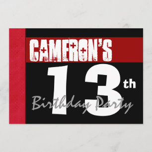 Invitation 13e anniversaire moderne pour lui Rouge Blanc Noir