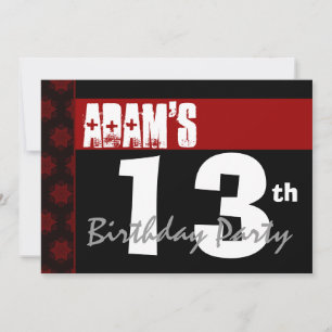 Invitation 13e anniversaire moderne pour lui rouge blanc noir