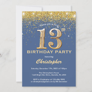 Invitation 13e anniversaire Parties scintillant bleue et or C