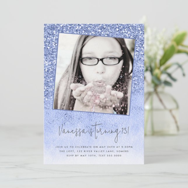 Invitation 13e anniversaire Parties scintillant bleue photo A (Debout devant)