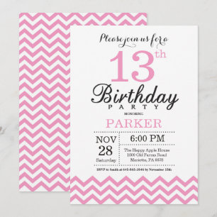 Invitation 13e anniversaire Pink Chevron