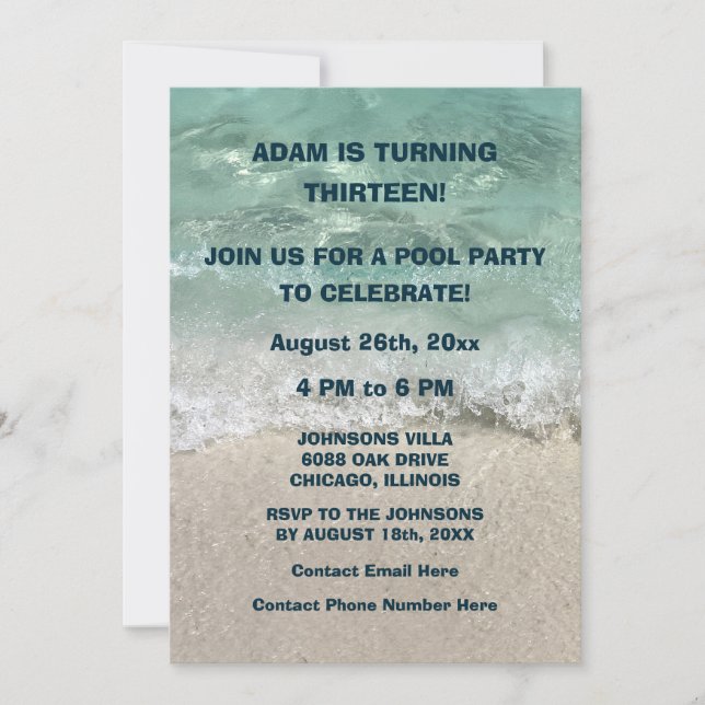 Invitation 13e anniversaire Piscine Plage Nage d'eau Fête sur (Devant)