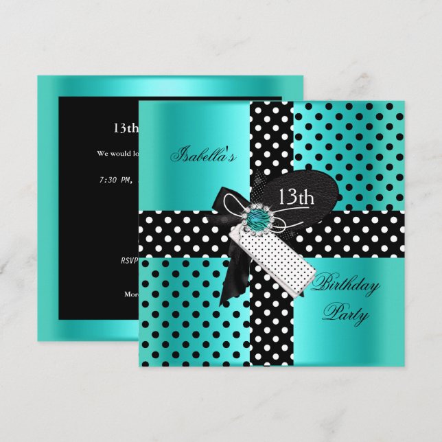 Invitation 13e anniversaire Pois Turquoises Bleu (Devant / Derrière)