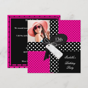 Invitation 13e anniversaire Polka Dot Hot rose noir blanc