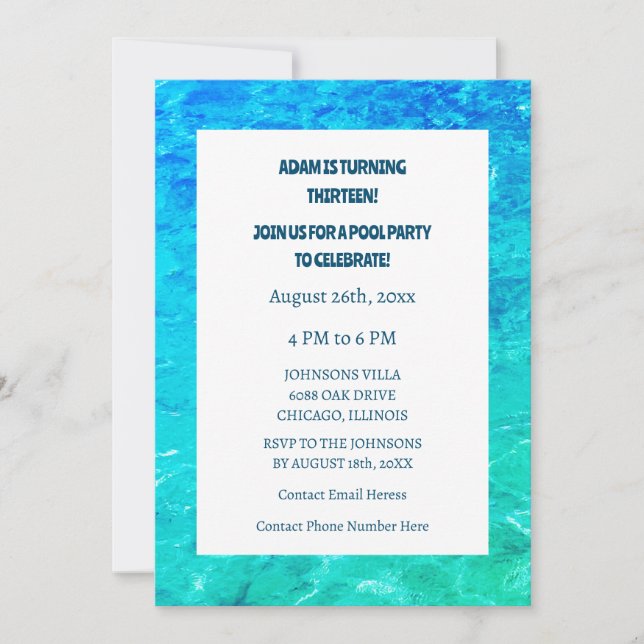 Invitation 13e anniversaire Pool Party Eau treizième Cool (Devant)