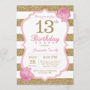 Invitation 13e anniversaire rose et or Floral