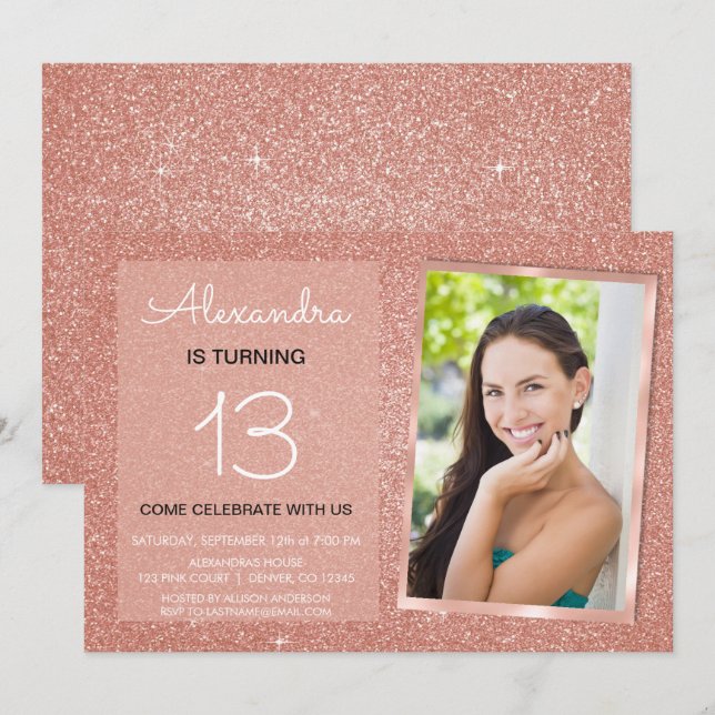 Invitation 13e anniversaire Sparkle Rose Gold Blush Pink Phot (Devant / Derrière)