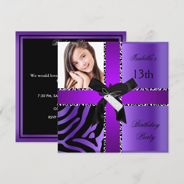 Invitation 13e anniversaire Zebra Cow violet noir blanc (Devant / Derrière)