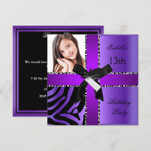 Invitation 13e anniversaire Zebra Cow violet noir blanc