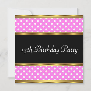 Invitation 13e fête d'anniversaire Gold rose Pois blancs