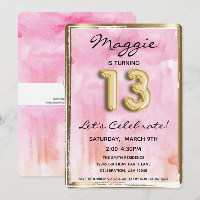 Invitation 13e fille Anniversaire rose et or (Devant / Derrière)