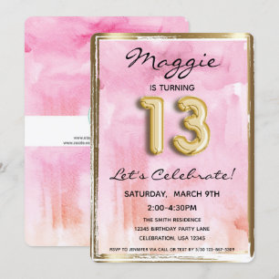 Invitation 13e fille Anniversaire rose et or