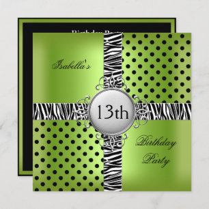 Invitation 13ème Ado fête d'anniversaire Lime Green Black Zeb