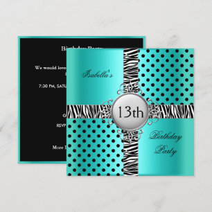 Invitation 13ème Ado fête d'anniversaire Turquoise Bleu Noir 