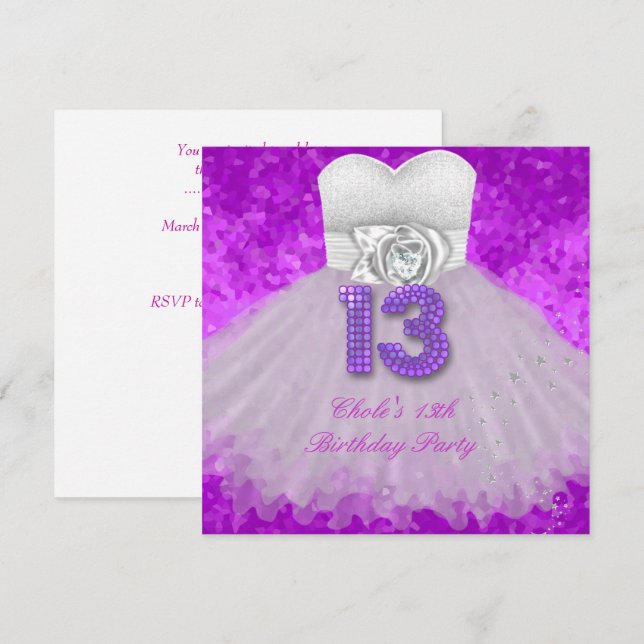 Invitation 13ème anniversaire Filles de fête pourpre (Devant / Derrière)