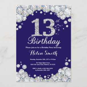 Invitation 13ème Bleu marine d'anniversaire et diamant