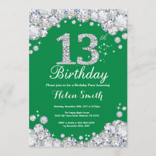 Invitation 13ème Diamant vert et argenté d'anniversaire