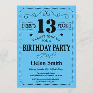Invitation 13ème Noir et bleu d'invitation d'anniversaire