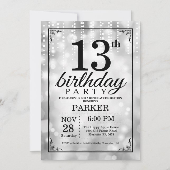Invitation 13ème Parties scintillantes d'argent d'invitation (Devant)