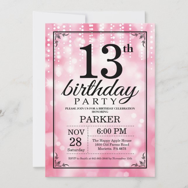 Invitation 13ème Parties scintillantes de rose d'invitation (Devant)
